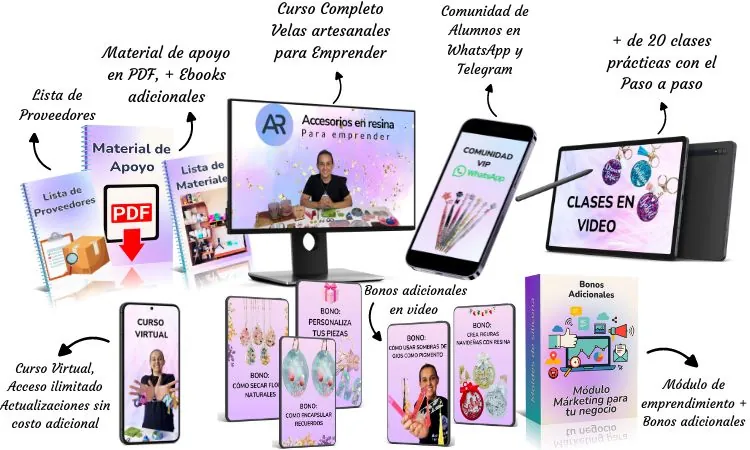 Contenido y recursos del curso Accesorios en Resina para Emprender